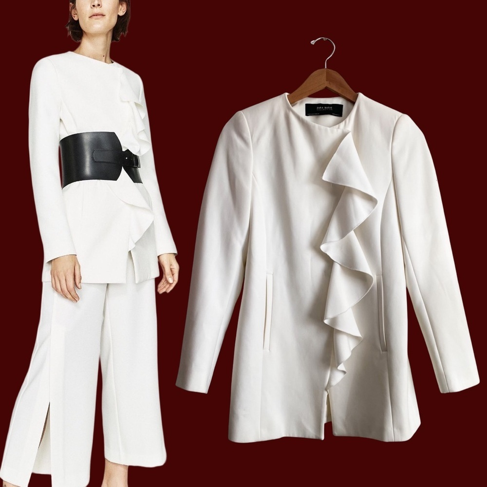 ZARA Off White Ruffle Collarless Blazer Coat Old Money Jacket Holidays Modern XS - Picture 10 of 12